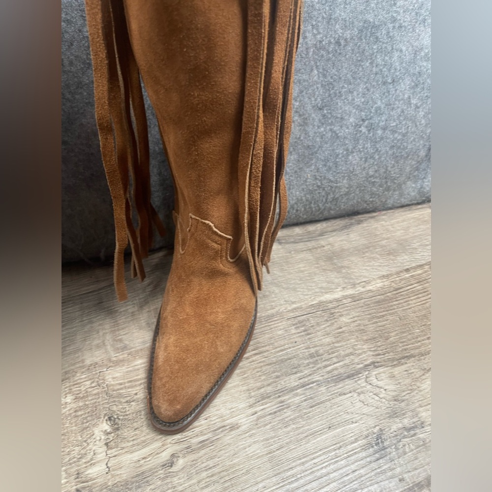 Brother Brown Suede Fringe Heeled Boots - Picture 7 of 14
